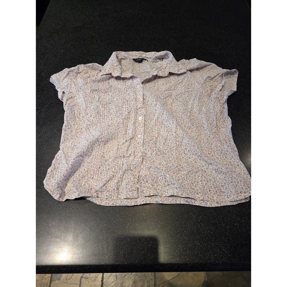 Lands' End Women's Floral Button Front Blouse Size 14-16 Short Sleeve Made in HK